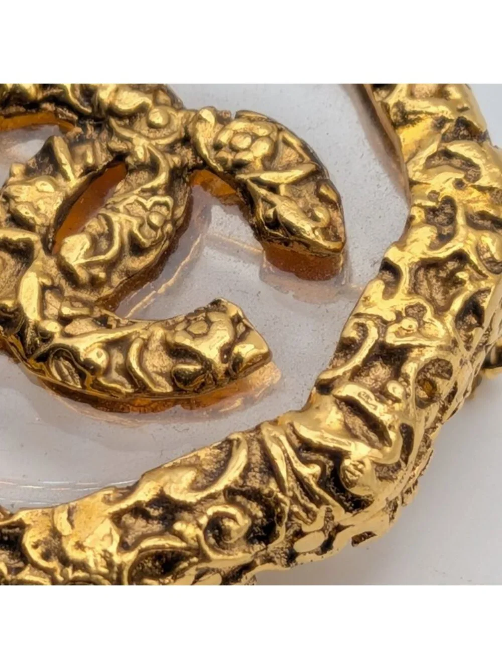 Chanel Brooch CC Logo Lava Gold Clear Vintage